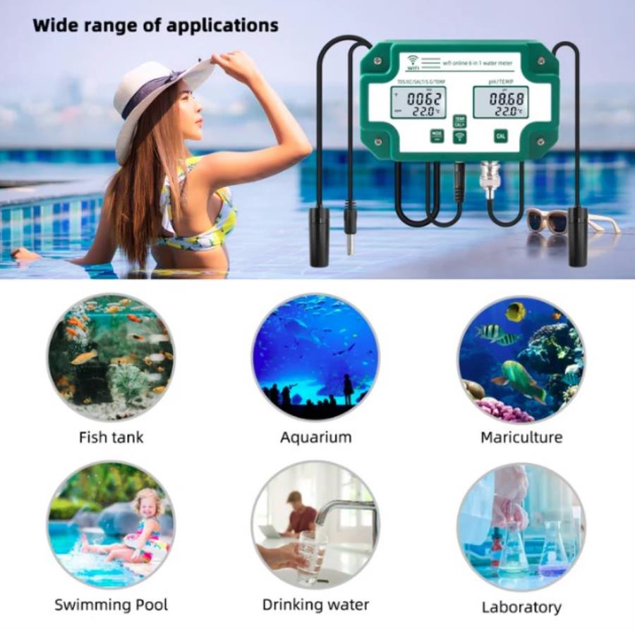 YIERYI YY-W9909 - Testeur de qualité de l&aposeau intelligent : pH TDS EC salinité SG et température - Bluetooth WiFi