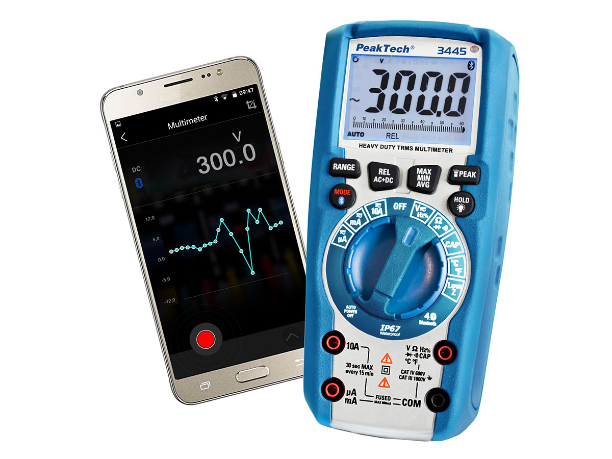 PeakTech P 3445 - Multimètre Numérique - 1000 Vca/Vcc - TrueRMS - 6000 Points - Bluetooth - IP67 - Touches Éclairées