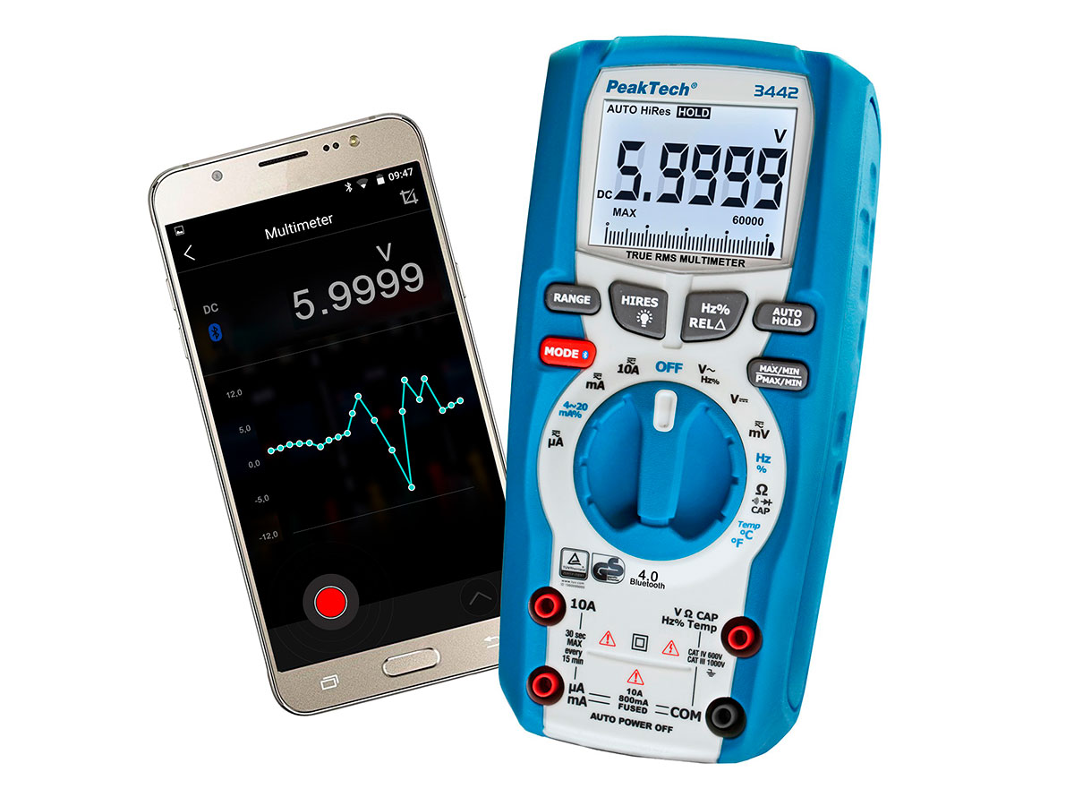 PeakTech P 3442 - Multimètre Numérique - 1000 Vca/Vcc - True RMS - 60000 Points - Bluetooth