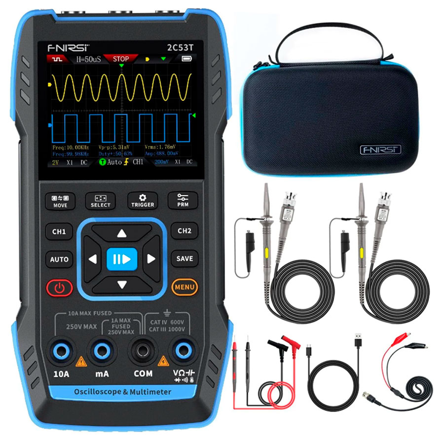 FNIRSi 2C53T - Osciloscópio de 2 canais de 50 MHz, multímetro e gerador