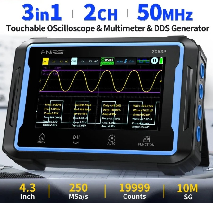 FNIRSi 2C53P - Osciloscópio 2 Canais 50 MHz, Multímetro e Gerador - Amostragem de 250 MS/s