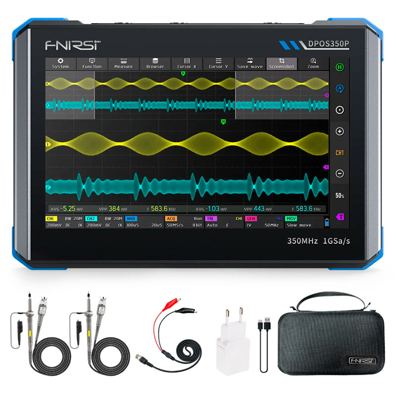 FNIRSi DPOS350P - 4-in-1 Tablet Oscilloscope: 2 Channels 350 MHz, Spectrum Analyzer, Signal Generator, ... - 1GSPS