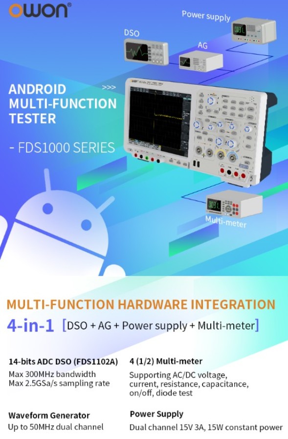 Owon FDS1102A - Multifunción: Osciloscopio DSO 2 canales + AG + Fuente de alimentación + Multímetro