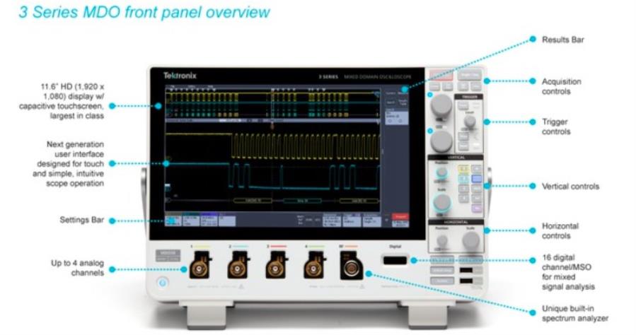 Tektronix MDO34 3-BW-500 + 3AFG + 3BND + 3-MSO - Oscilloscope à Domaine Mixte Série 3 - 4 Voies Analogiques - 500 Mhz