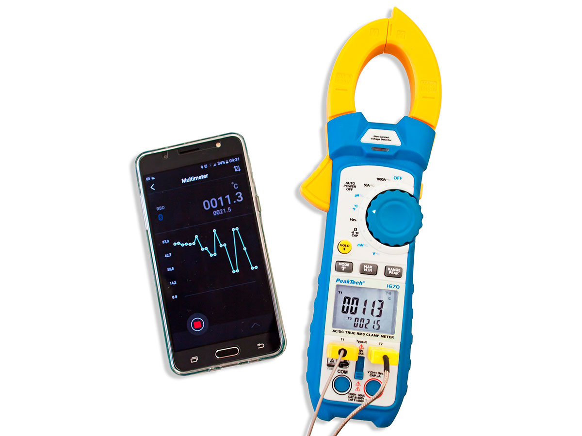 PeakTech P 1670 - Pince Ampèremétrique Numérique - True RMS - 1000 Aca/Acc - 50000 Points - Bluetooth 4.0