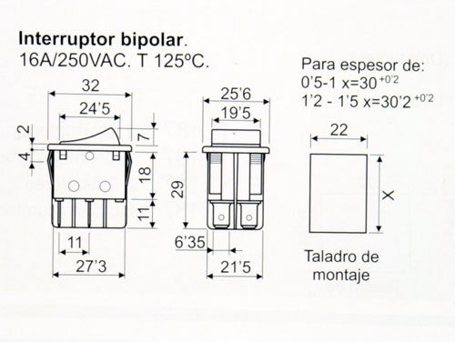 Interruptor Conmutador Basculante 3P 2C - Tecla Negra