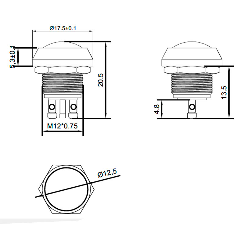 SWITCHTRONIX - 12mm Vandal-Resistant Panel Push Button with 1NO - Nickel-Plated Brass