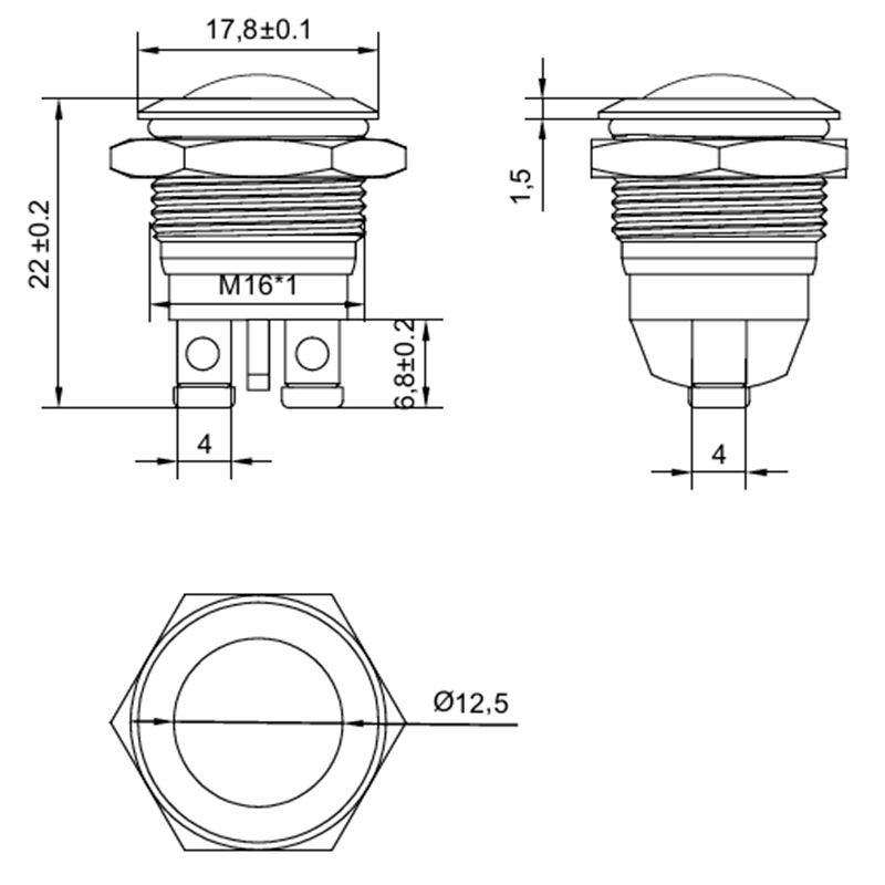 SWITCHTRONIX - 16mm Vandal-Resistant Panel Push Button with 1NO - Nickel-Plated Brass