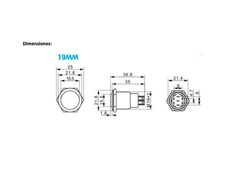 Serie 19 - Momentary Vandal-Resistant Panel Pushbutton - IP66 - Ø19 mm - 1NO + 1NC - Blue LED 12 V