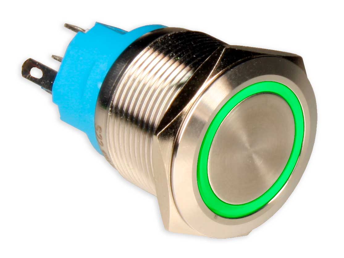 SWITCHTRONIX Serie 22 - Botão Painel Antivandalismo Não Intertravado - IP67 - Ø22 mm - 1NO + 1NC - LED Verde 24 V