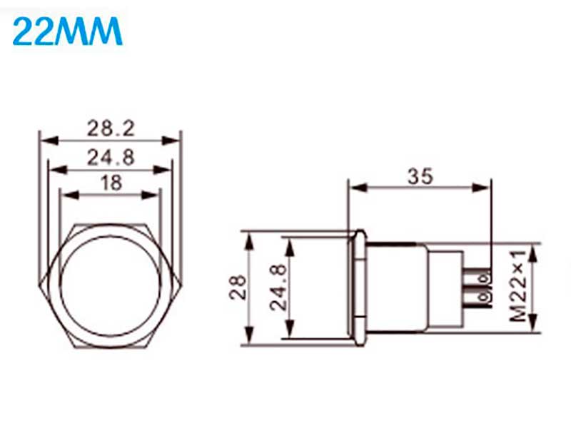 SWITCHTRONIX Serie 22 - Momentary Vandal-Resistant Panel Pushbutton - IP67 - Ø19 mm - 1NO + 1NC - Red LED 24 V