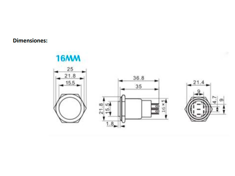 SWITCHTRONIX Serie 16 - Vandal-proof Non-Latching Push Button Panel - IP66 - Ø16 mm - 1NO + 1NC - Blue 12 V