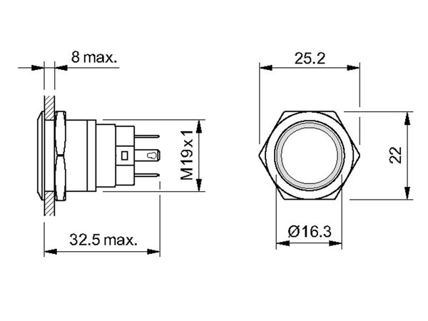 EAO Serie 82 - Anti-Vandal Push Button Switch without Interlocking - IP67 - Ø19 mm - 1NA + 1NC - LED Red 24 V - 82-5151.1114