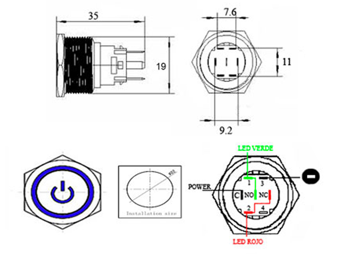 Serie 53 - Anti-Vandal Push Button Switch with Interlocking - IP65 - Ø19 mm - 1NA + 1NC - LED Red 12 V - 4190-12