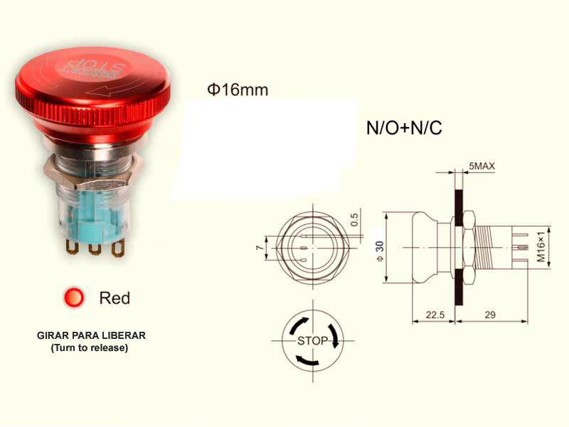 Ø16 mm 1NO + 1NC Mushroom Stop Button - Ø30 mm Mushroom Emergency Button - Twist to Release
