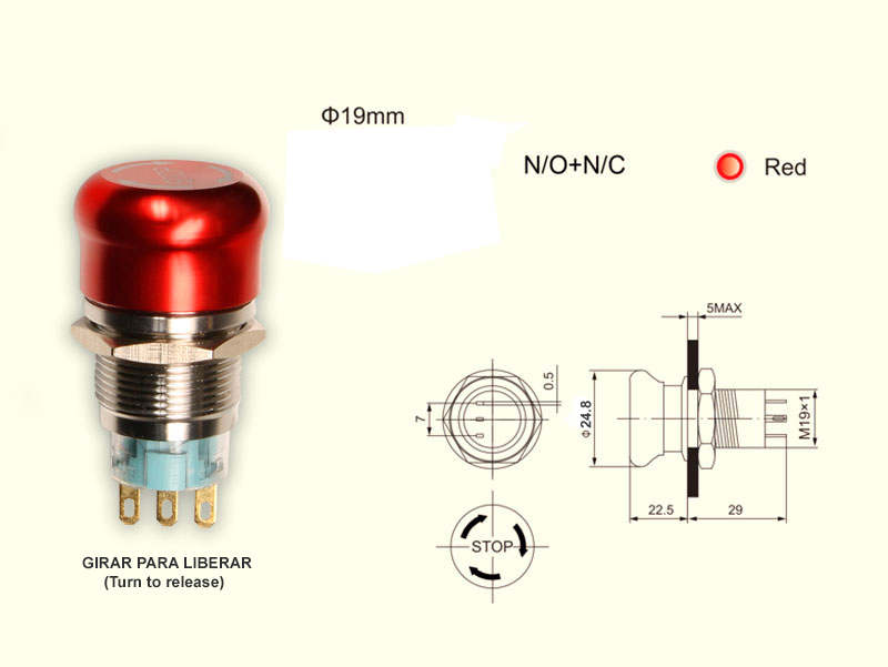 SWITCHTRONIX - Ø19 mm 1NO + 1NC Mushroom Stop Button - Ø24 mm Mushroom Emergency Button - Twist to Release