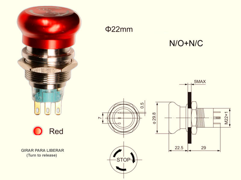 SWITCHTRONIX - Ø22 mm 1NO + 1NC Mushroom Stop Button - Ø30 mm Mushroom Emergency Button - Twist to Release