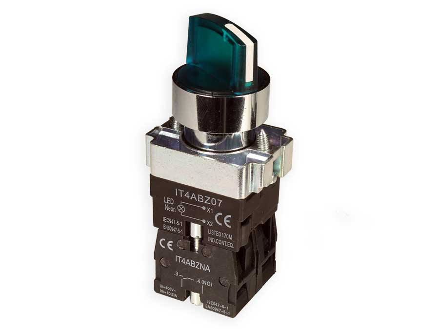 SWITCHTRONIX Serie BZ - Illuminated Selector Actuator 2 Fixed or Maintained Positions - Ø22,5 mm - Green