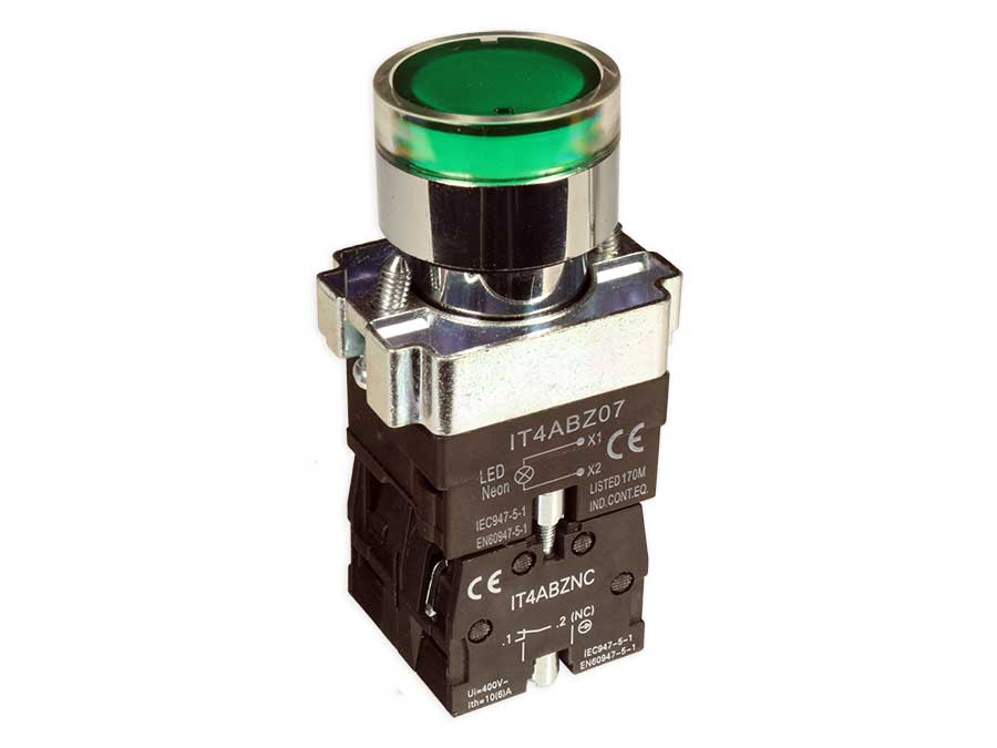 SWITCHTRONIX Serie BZ - Iluminated Actuator, Panel-Mount Push Button - Ø22,5 mm - Green