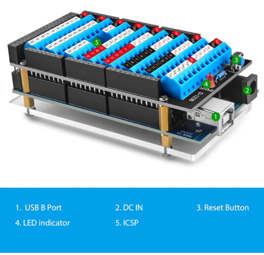 52Pi EP-0166 - Módulo de expansión para Arduino MEGA 2560 R3 con puertos, botón de reset y LED