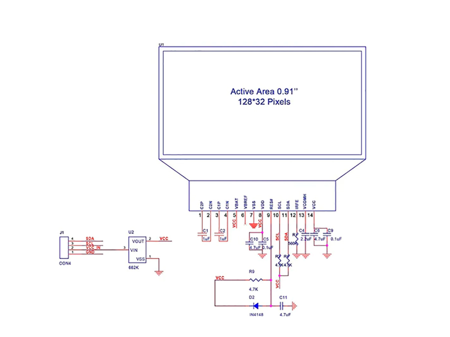 Módulo LED OLED I2C - 0,96” - 128 x 32 - Blanco - 4 pines