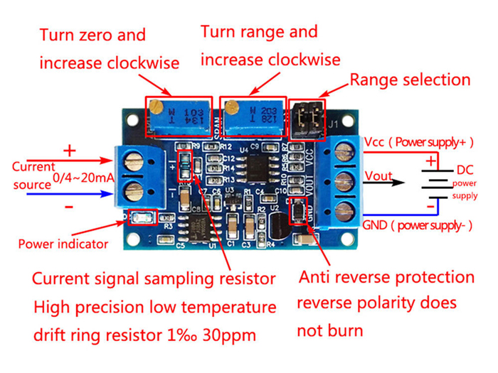 Current Loop Converter to Voltage Configuration 0 to 20 mA or 4 to 20 mA