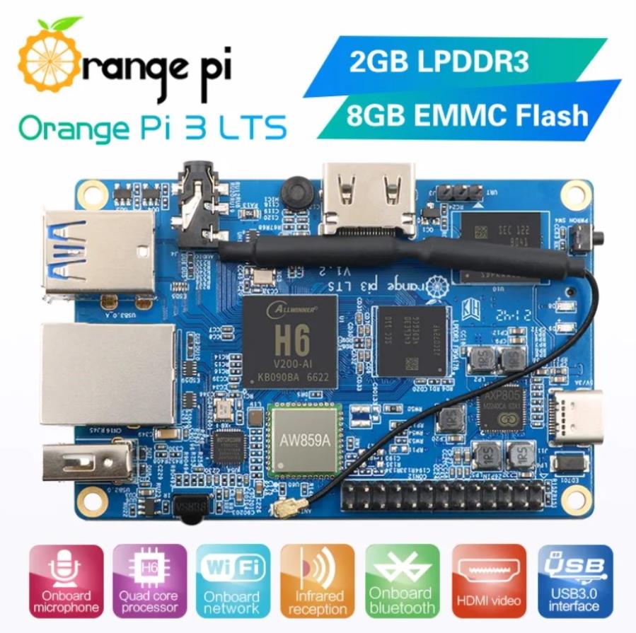 Orange Pi 3 LTS 2 Gb + 8 Gb eMMC - Módulo Allwinner H6 A53 Quad Core 1.8 Ghz + WiFi + Bluetooth + USB + Gigabit - 5 PLUS 32 Gb + 256 Gb eMMC