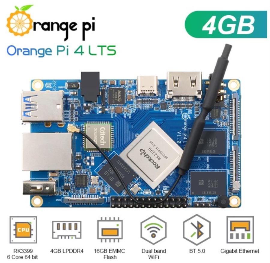 Orange Pi 4LTS 4Gb 16GbeMMC+Flash32Gb+Ac - Módulo com Acessórios: Fonte de Alimentação 5 V 4 A + Caixa + Cabo HDMI