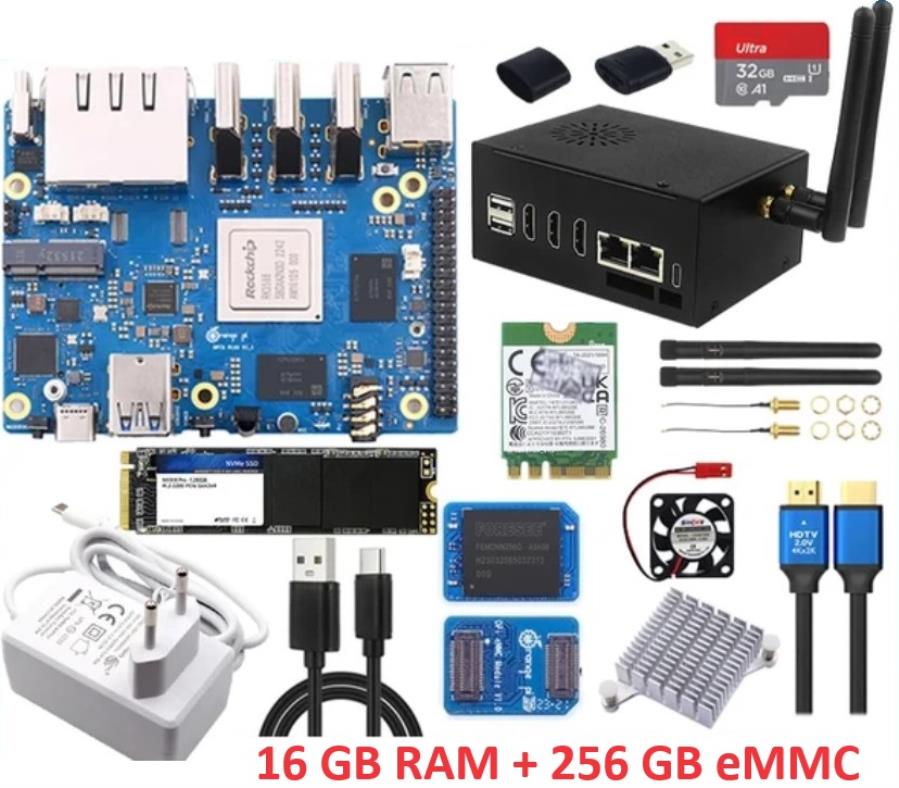 Orange Pi 5 PLUS 32 Gb + 256 Gb eMMC - Module PCIE RK3588 + Wifi6.0 + BT + SSD 128Go + SD 32Go + Boitier + Radiateur + Antennes + Aliment.