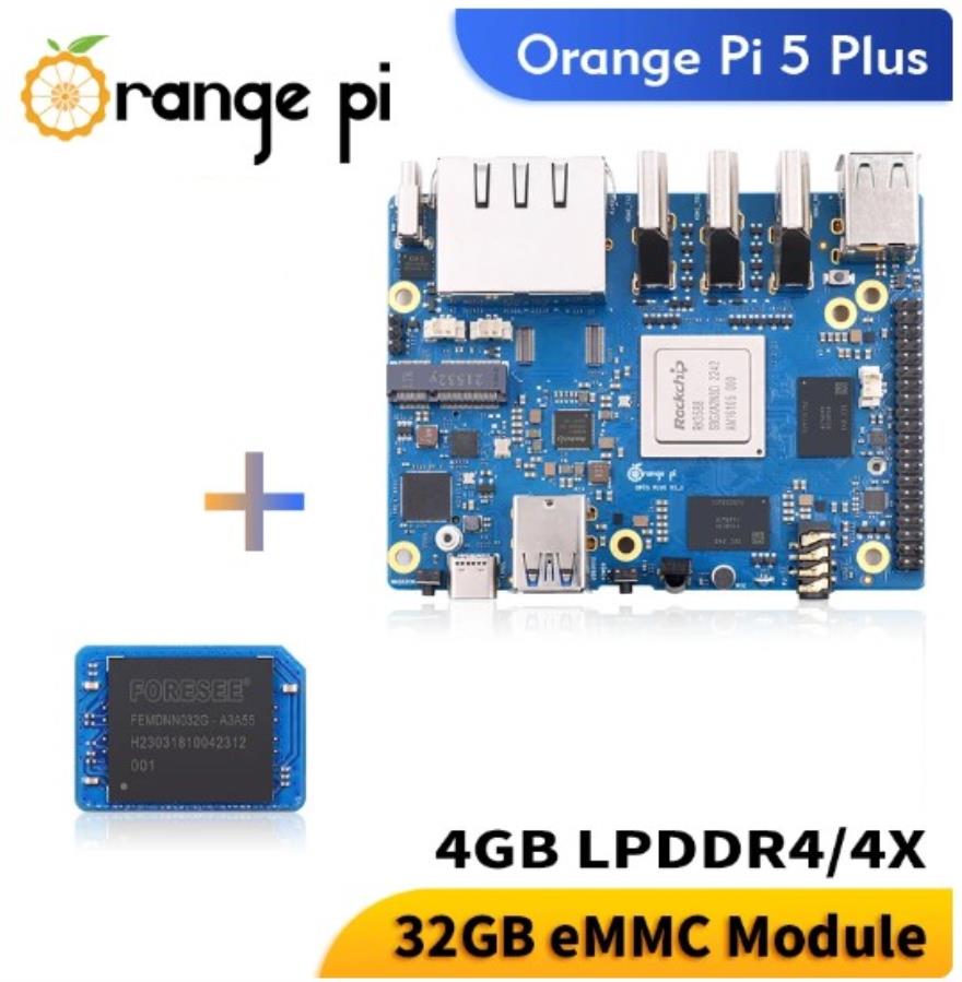 Orange Pi 5 PLUS 4 Gb + 32 Gb eMMC - Módulo y Funcionalidades: PCIE RK3588 + Wifi6.0 externo + BT5.0 SSD