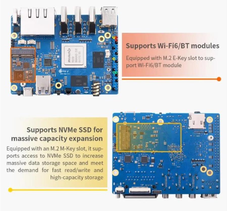 Orange Pi 5 PLUS 4 Gb + 32 Gb eMMC - Module and Functionalities: PCIE RK3588 + external Wifi6.0 + BT5.0 SSD