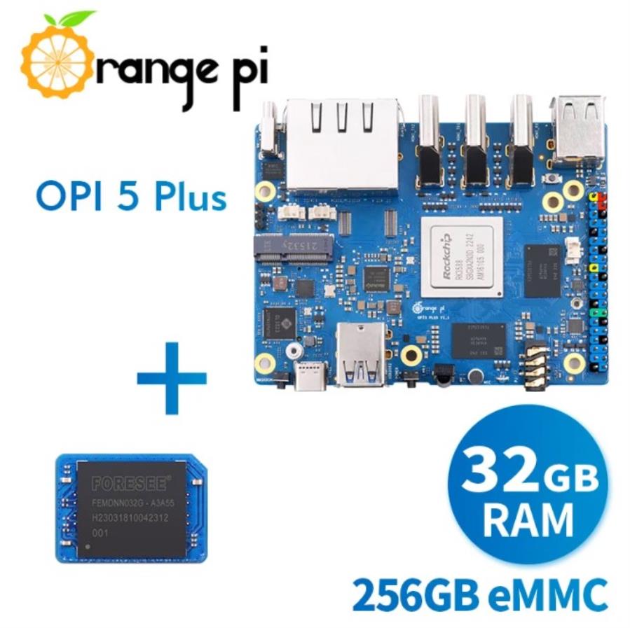 Orange Pi 5 PLUS 32 Gb + 256 Gb eMMC - Módulo y Funcionalidades: PCIE RK3588 + Wifi6.0 externo + BT5.0 SSD