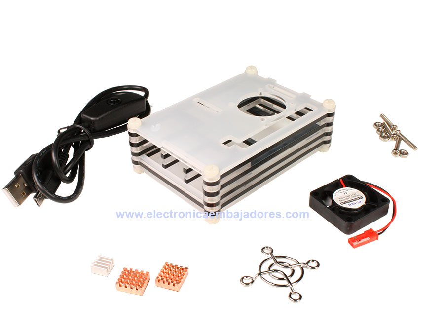 Caixa Raspberry Pi B+, B 1GB com Ventoinha, 3 Dissipadores de Calor e Interruptor
