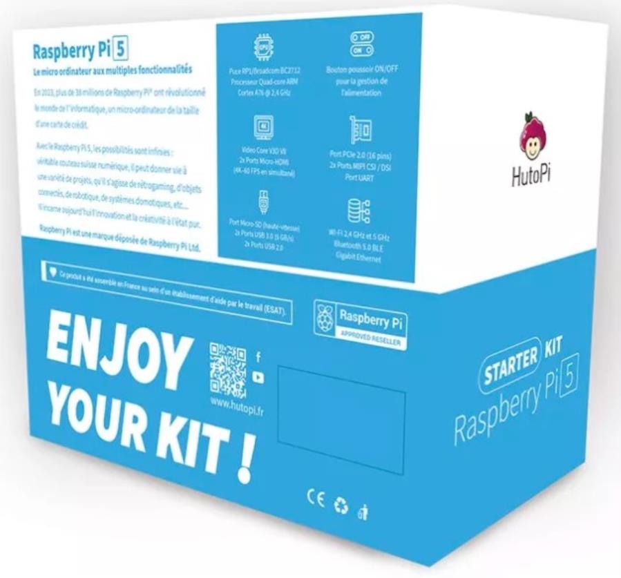 HutoPi Starter Kit Pi 5 16 Gb - Paquete: Raspberry Pi 5 16 Gb + Alimentador + cable microHDMI a HDMI + caja + tarjeta microSD 64 Gb