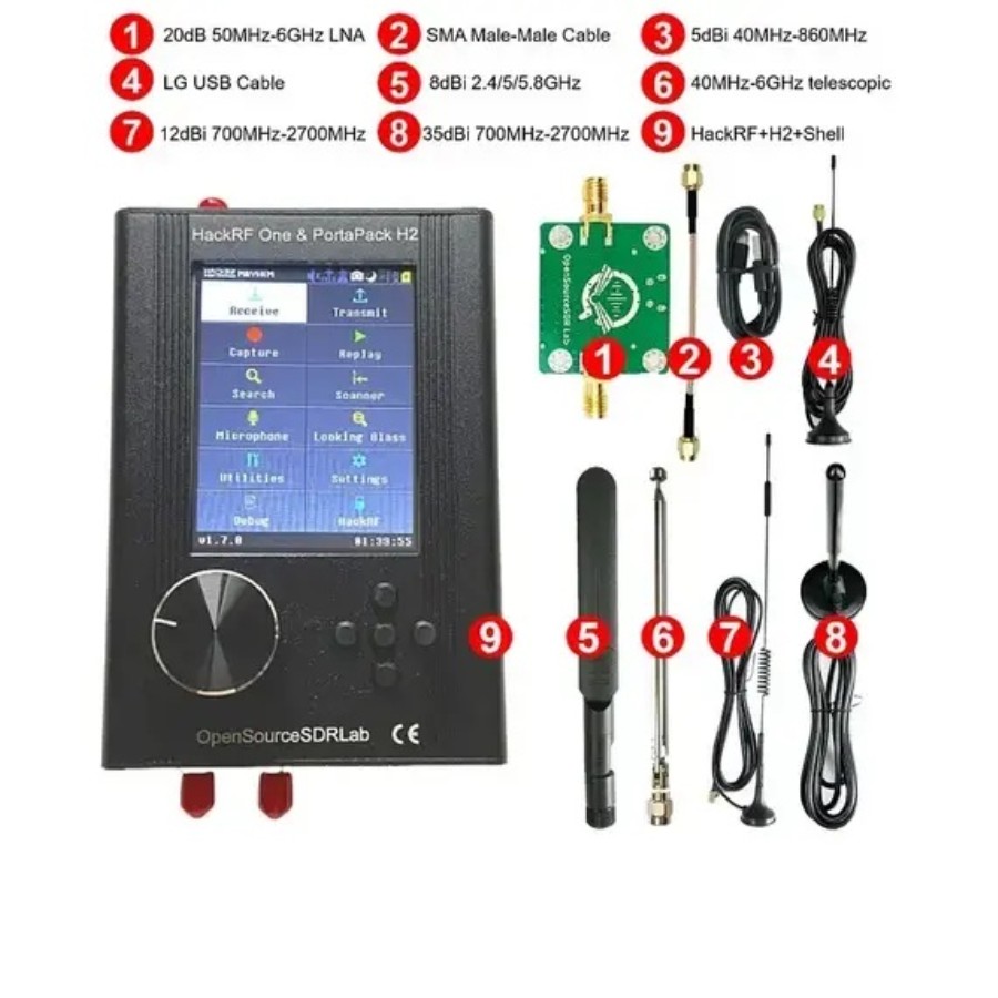 HackRF One R10 PortaPack H2 - Radio SDR 1MHz - 6GHz Mayhem 2.0.1 Firmware R10 + LNA + 5 Antenas + Cable de datos