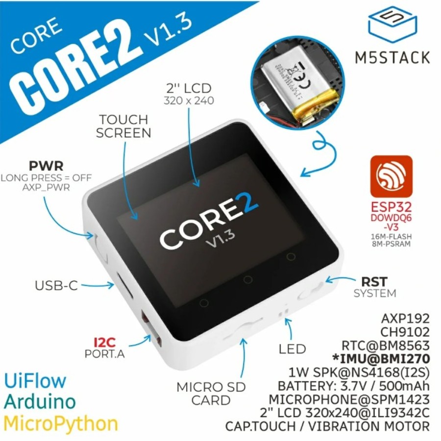 M5Stack K010-V13 - Contrôleur IoT ESP32 double cœur avec écran tactile 2 pouces, Wi-Fi, IMU et batterie