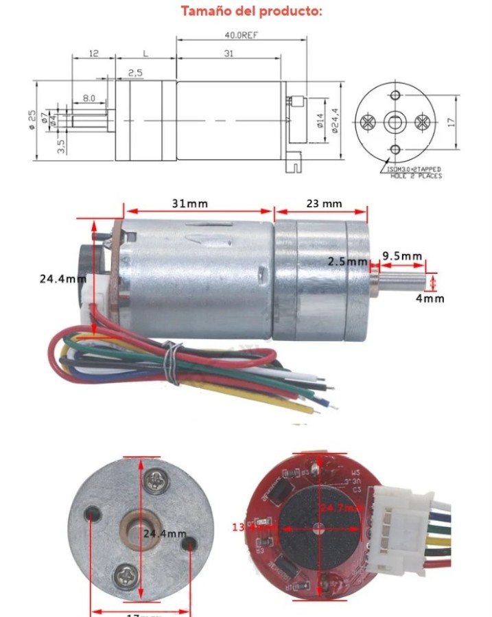 JGA25-370-103K - Moteur avec encodeur 24,4 x 54 mm et arbre de 4 mm - 12 Vcc - 60 tr/min