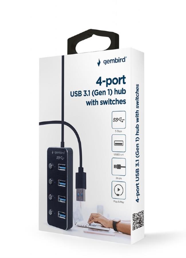 Gembird UHB-U3P4P-01 - USB 3.1 Hub (Gen 1) 4 Ports with Switch - UHB-U2P4-21