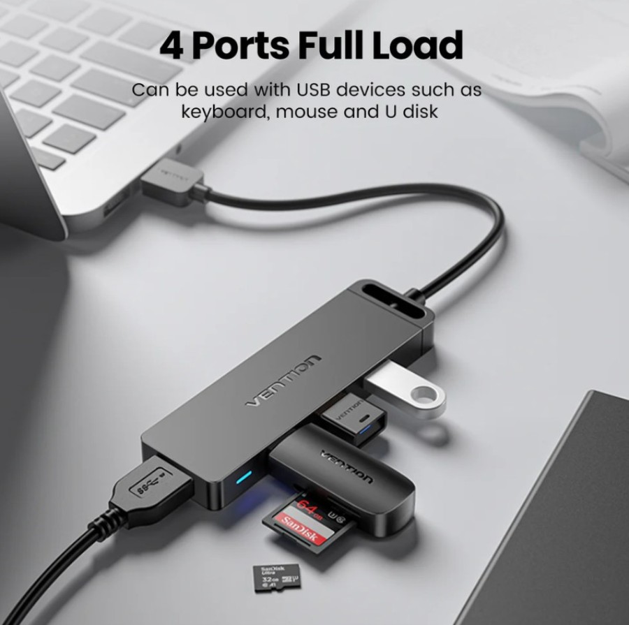 VENTION CHLBB-SCB2 - USB-A 3.0 Hub and USB-C PD to 4 x USB-A - 5 Gbps Speed