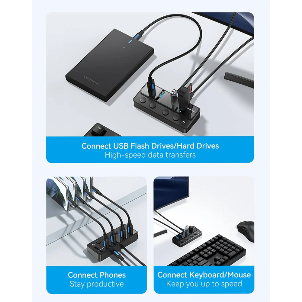 VENTION CHWBF - USB 3.0 Hub with 4 USB-A Ports and 1 USB-C with Individual Power Switches
