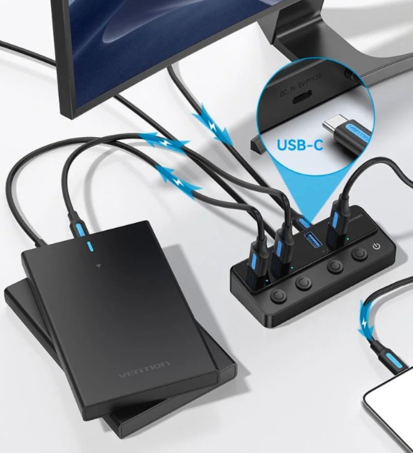 VENTION CHWBF - USB-A 3.0 Hub and USB-C PD to 4 x USB-A with Individual Power Switches - 5 Gbps Speed