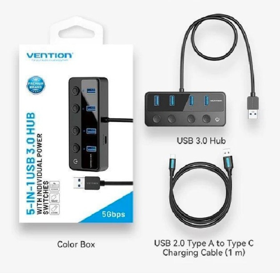 VENTION CHWBF - USB-A 3.0 Hub and USB-C PD to 4 x USB-A with Individual Power Switches - 5 Gbps Speed