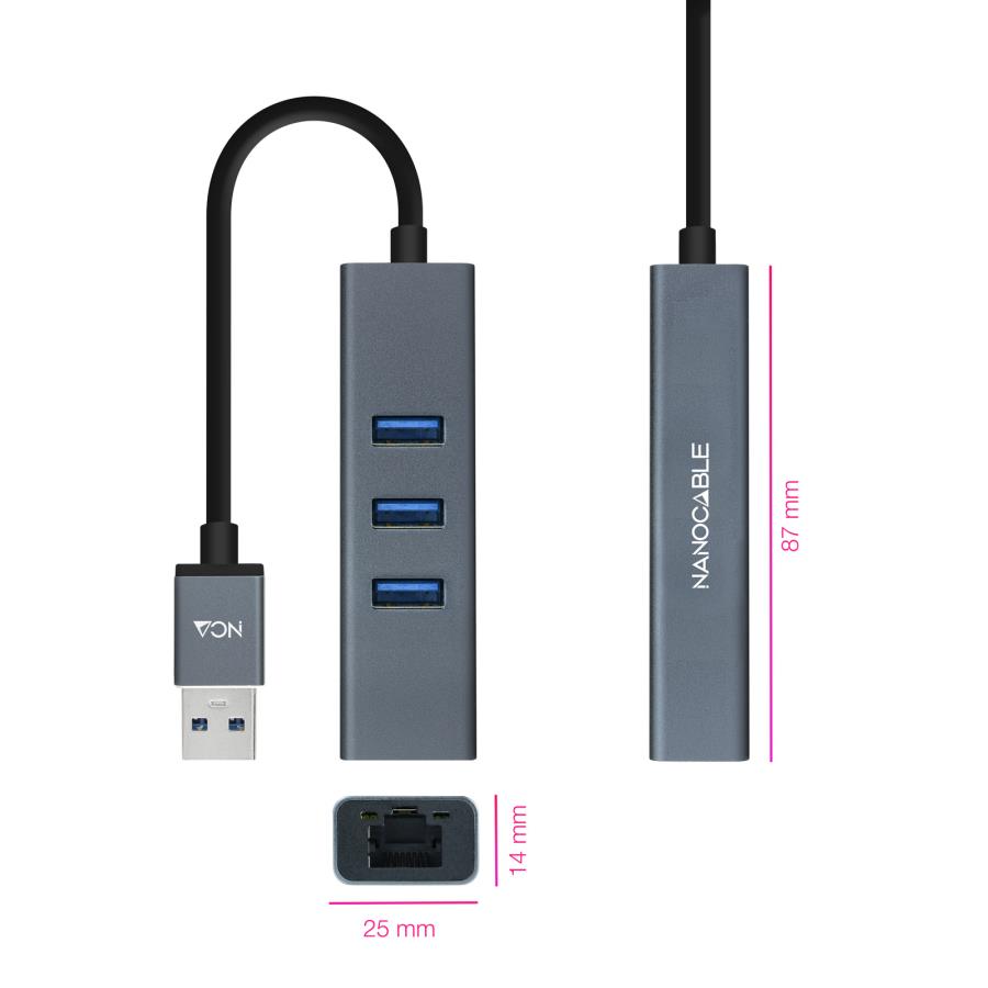 Nanocable - HUB USB 3.0 - USB-A vers 3 x USB-A + Gigabit Ethernet - Aluminium