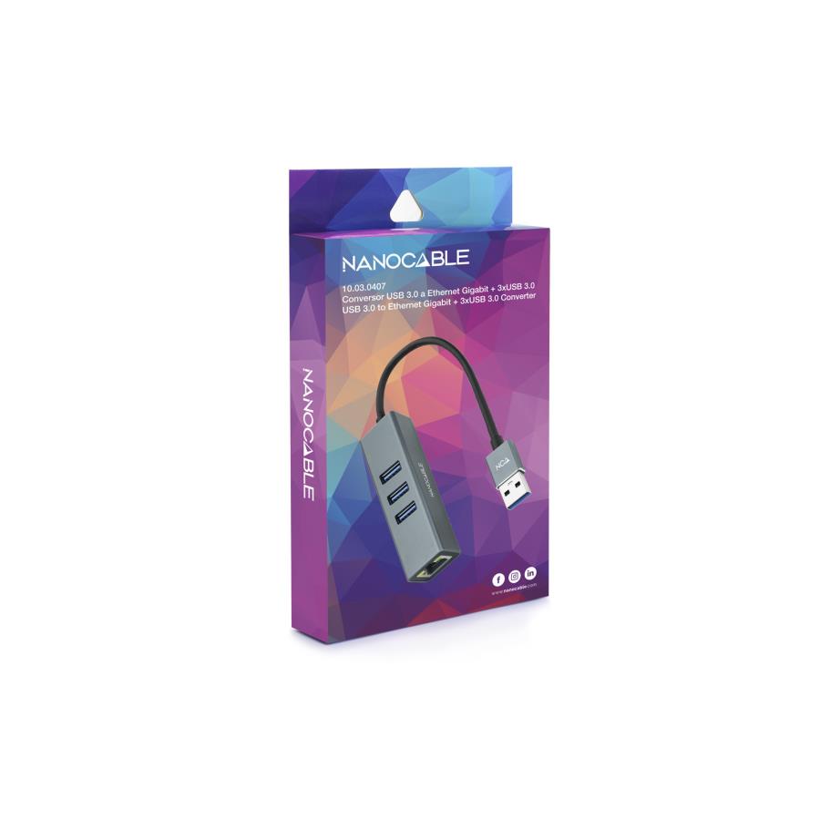 Nanocable - HUB USB 3.0 - USB-A vers 3 x USB-A + Gigabit Ethernet - Aluminium