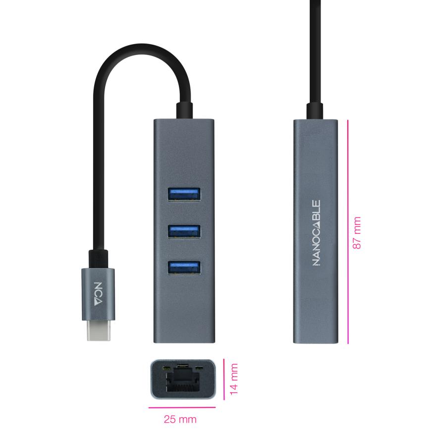 Nanocable - USB 3.0 HUB - USB-C to 3 x USB-A + Gigabit Ethernet - Aluminum - 10.03.0408