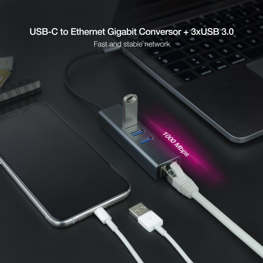 Nanocable - USB 3.0 HUB - USB-C to 3 x USB-A + Gigabit Ethernet - Aluminum - 10.03.0408