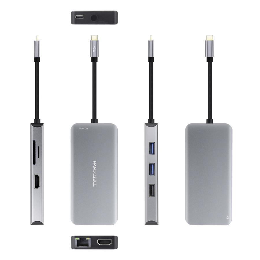 Nanocable 10.16.1009 - HUB USB 3.0 - USB-C a 3 x USB-A + 2 x HDMI + Ethernet Gigabit + Lecteur Tarjetas + USB-C PD 3.0 100W