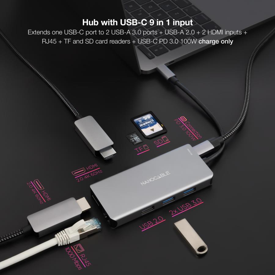 Nanocable 10.16.1009 - HUB USB 3.0 - USB-C a 3 x USB-A + 2 x HDMI + Ethernet Gigabit + Lecteur Tarjetas + USB-C PD 3.0 100W