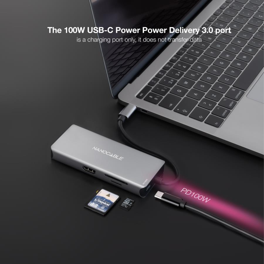 Nanocable 10.16.1009 - HUB USB 3.0 - USB-C a 3 x USB-A + 2 x HDMI + Ethernet Gigabit + Lecteur Tarjetas + USB-C PD 3.0 100W