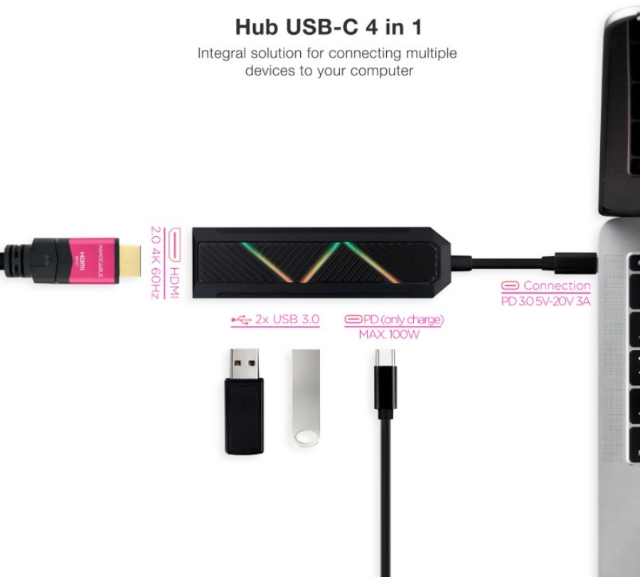 Nanocable 10.16.0401 - Hub USB 3.1 - USB-C para 2 x USB-A + HDMI + USB-C PD100W (Sem dados)